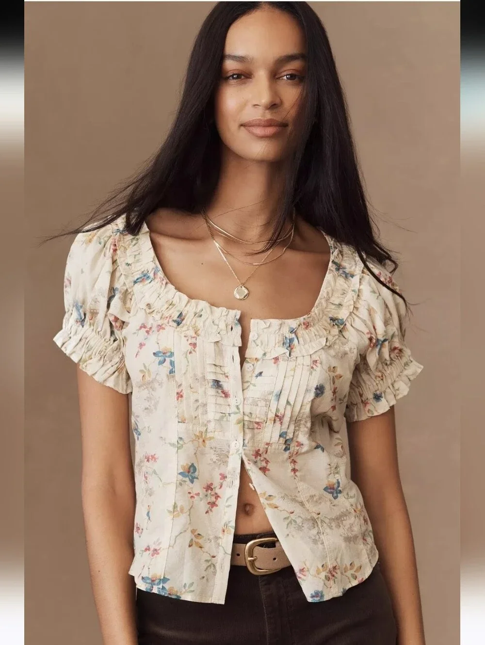 ANTHROPOLOGIE Pilcro Puff Sleeve Pintuck Cream Floral Peasant Top XS NWT